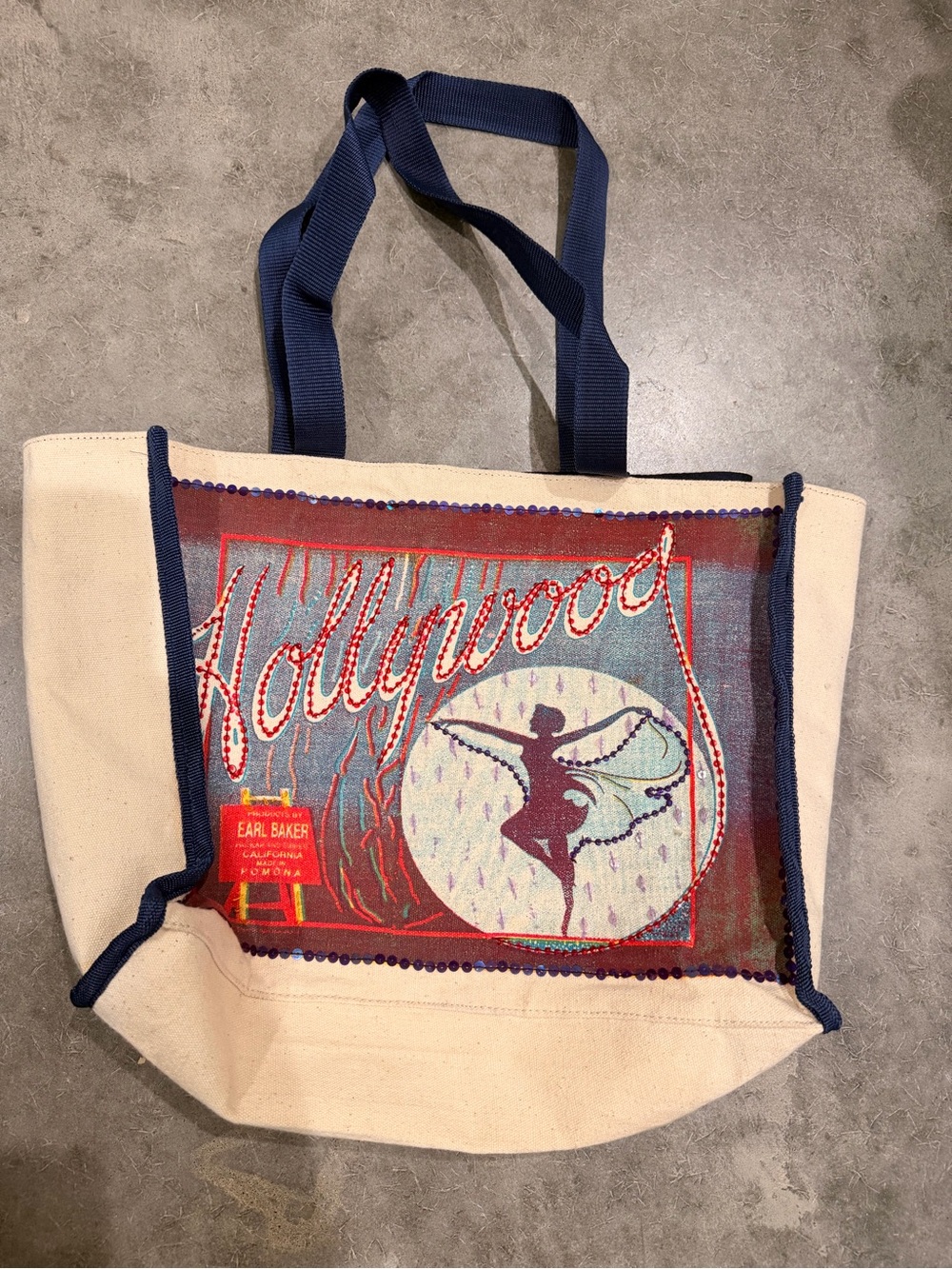 Rare Hollywood Ballet Sequence Graphic Canvas Tote Bag with Navy Trim